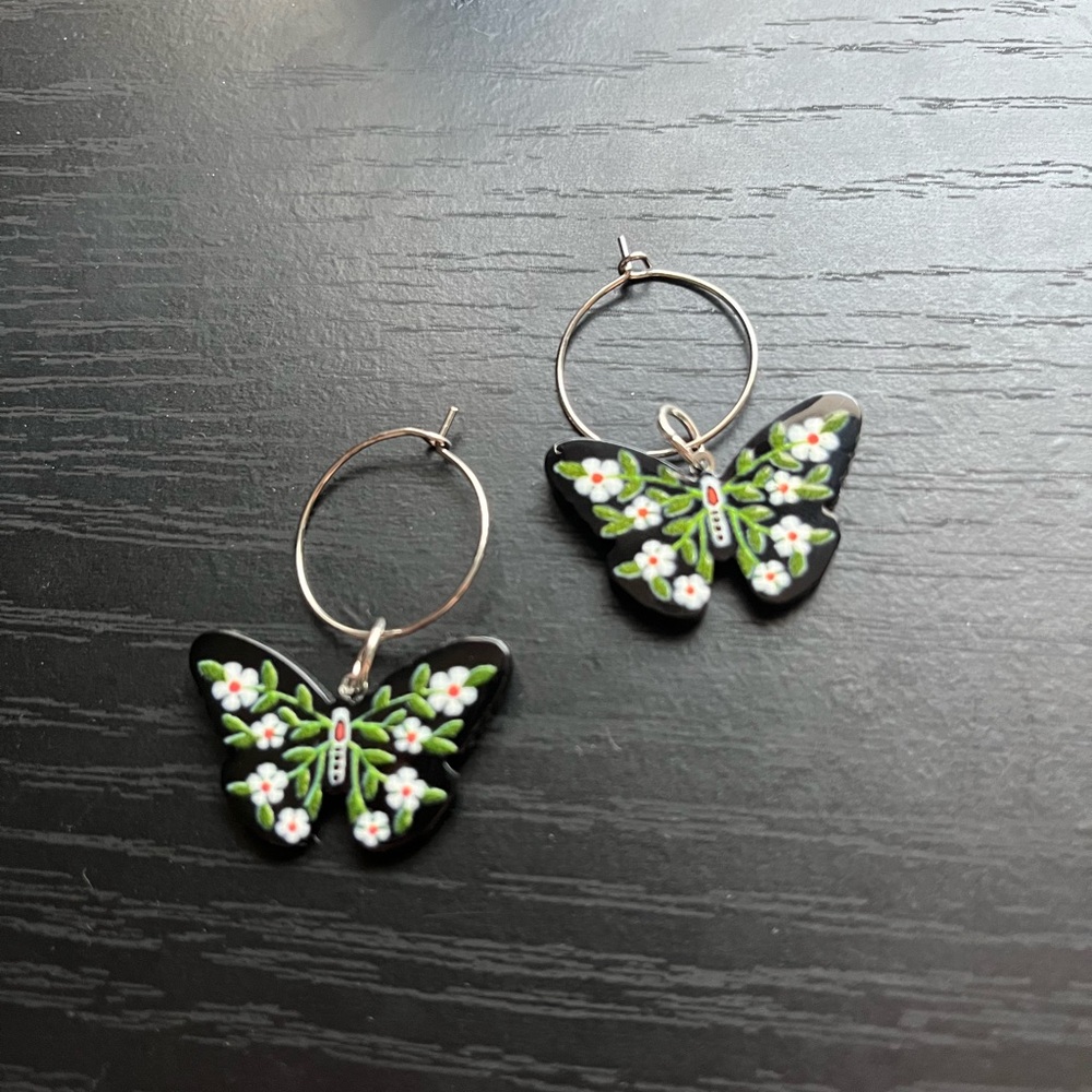 Hand Crafted Black and Green Butterfly Earrings